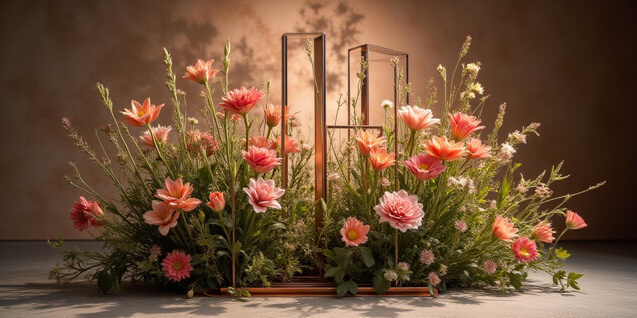 Composizione artistica di fiori e metallo in atelier